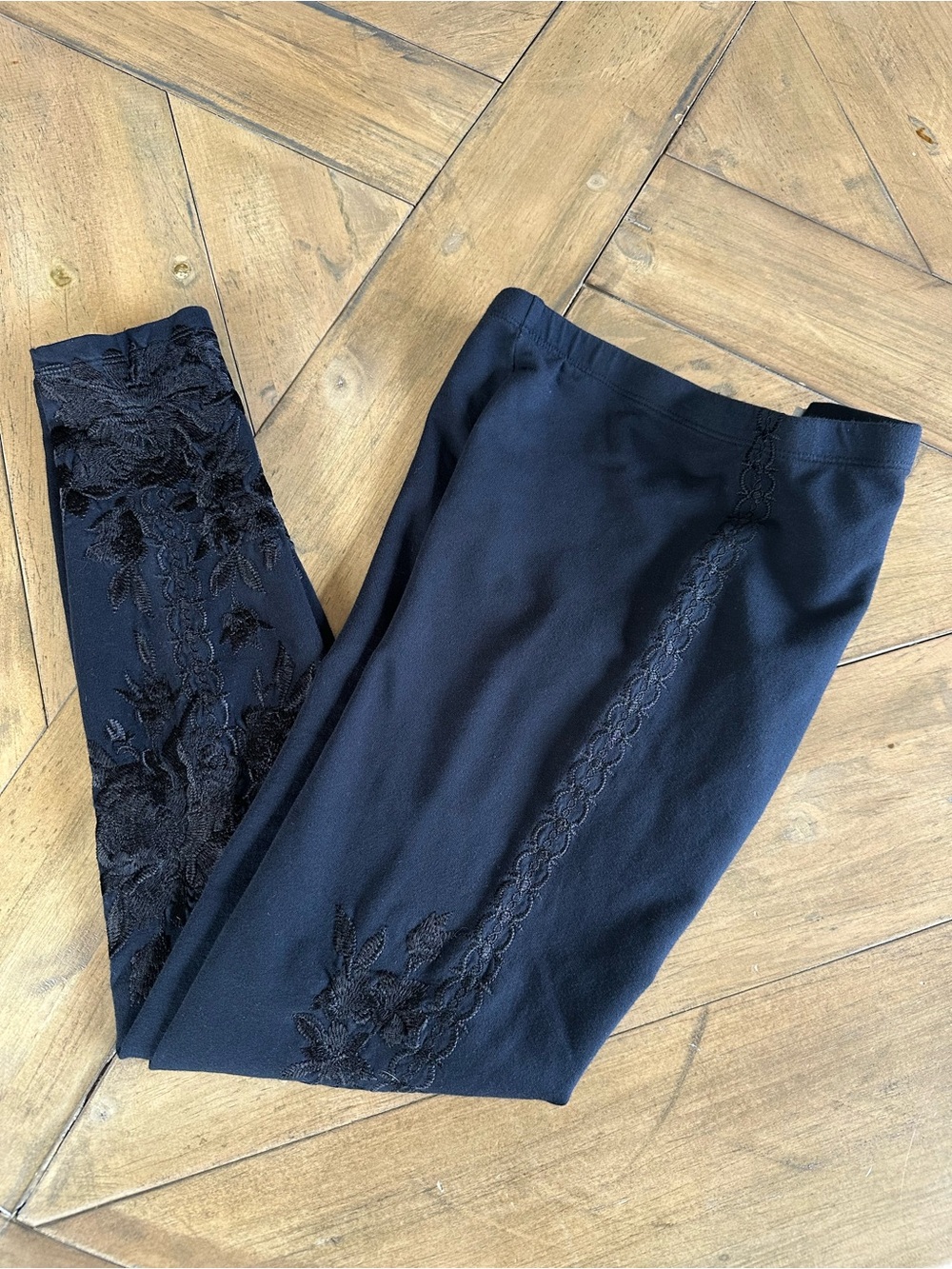 JW Los Angeles Johnny Was Black Tonal Floral Embroidered Leggings Stretch  XS